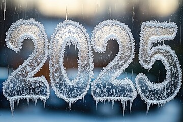 Frost forming the number 2025 on window during sunset