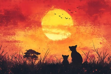 Two cats silhouetted against a vibrant sunset with a large orange sun and small birds flying in the sky.