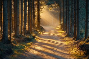 Fototapeta premium Sun shining through trees on path in lush green forest