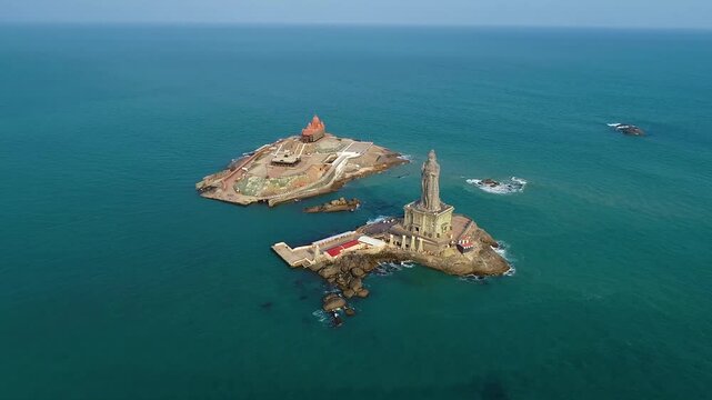 Thiruvalluvar Statue and Vivekananda Rock Memorial in best tourist Place in Kanyakumari, Tamilnadu, India. Aerial drone shot