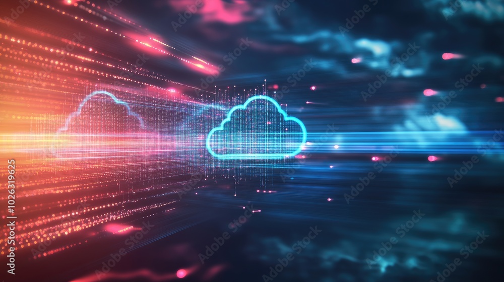 Poster digital cloud computing concept with speed lines and data flow