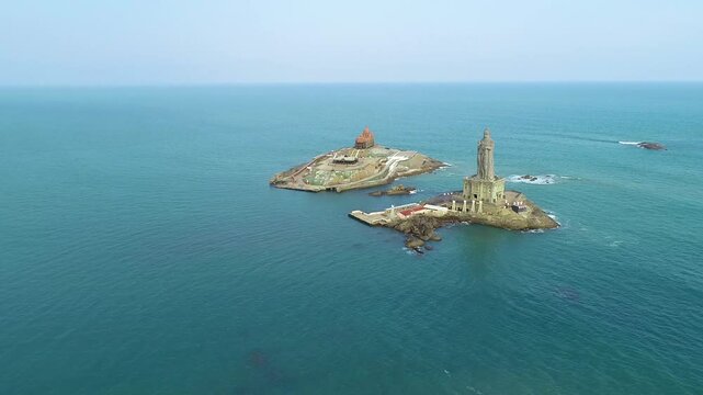 Thiruvalluvar Statue and Vivekananda Rock Memorial in best tourist Place in Kanyakumari, Tamilnadu, India. Aerial drone shot