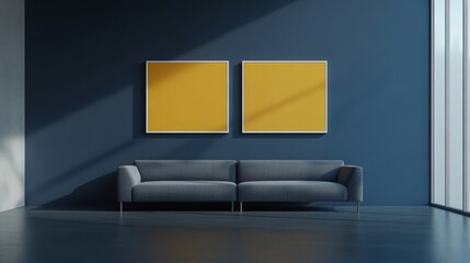 A modern living space featuring a gray sofa against a deep blue wall, adorned with two yellow-framed art pieces.