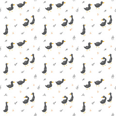 Cute Cartoon Duck Seamless Pattern, Vector Illustration Background