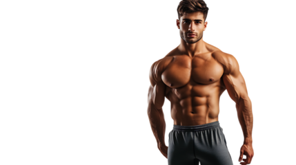 A dashing male model with a well-defined physique. PNG cutout isolated on a transparent background, suitable for various graphic design applications.