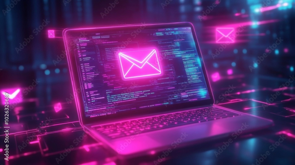 Fototapete A glowing laptop displaying digital email symbols against a futuristic backdrop of binary code and vibrant colors.