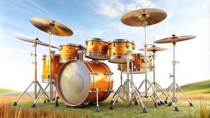 Realistic Drum Kit with Cymbals and Percussion Instruments on White Background for Urban Exploration Photography