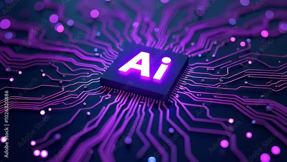 Aufkleber neon glowing ai chip with thin circuit lines on tech background featuring semiconductor technology