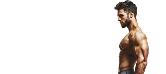 A fit, handsome male model showcasing impressive muscles. PNG cutout available, set against a transparent background for seamless integration into any design.