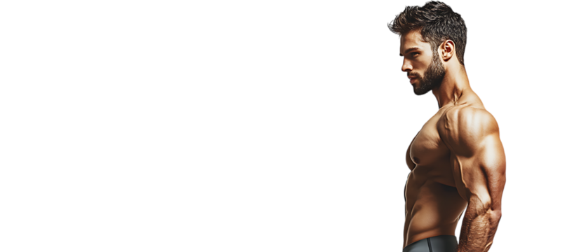 A fit, handsome male model showcasing impressive muscles. PNG cutout available, set against a transparent background for seamless integration into any design.