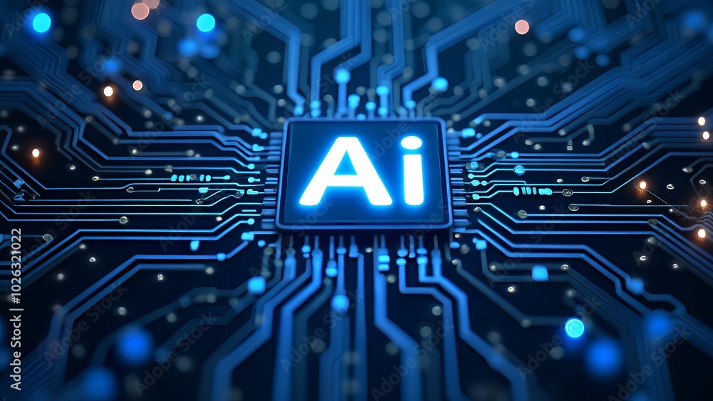 Aufkleber neon glowing ai chip with thin circuit lines on tech background featuring semiconductor technology