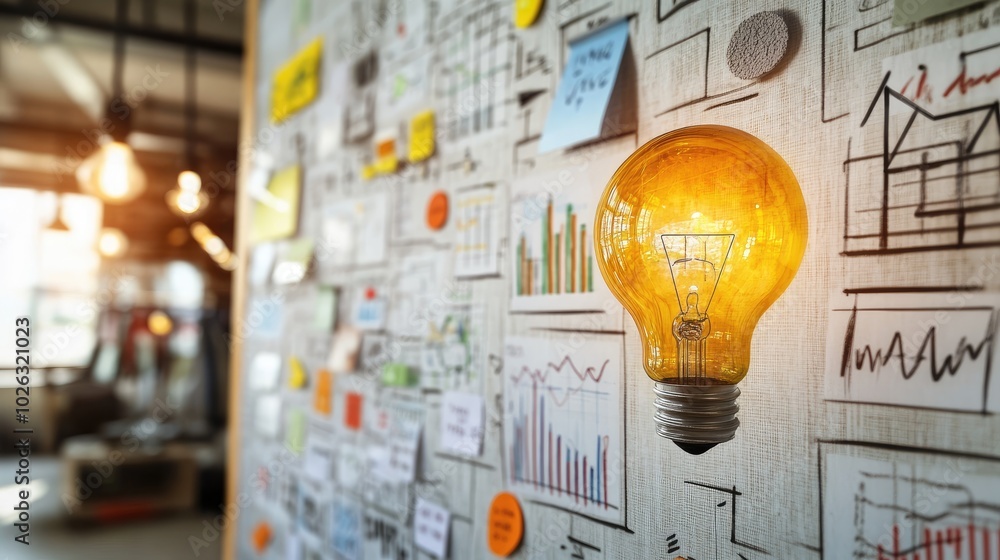 Poster lightbulb idea on a whiteboard with charts and sticky notes