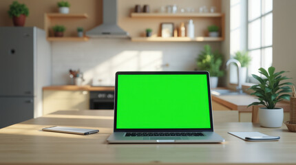 Modern Home Office with Laptop and Green Screen - Perfect Workspace Setup for Freelancers in Kitchen Environment with Plants and Warm Lighting