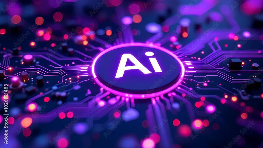 Aufkleber glowing ai chip and thin circuits on tech background futuristic semiconductor tech onboard