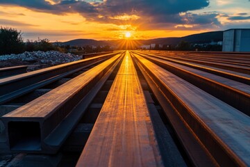 Steel Beams at Sunset with Golden Light Reflecting Off Their Surface