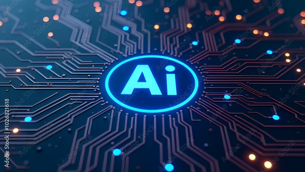 Aufkleber glowing ai chip and thin circuits on tech background futuristic semiconductor tech onboard