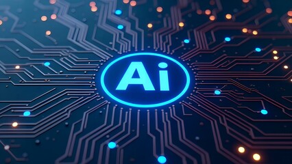 Glowing AI chip and thin circuits on tech background futuristic semiconductor tech onboard