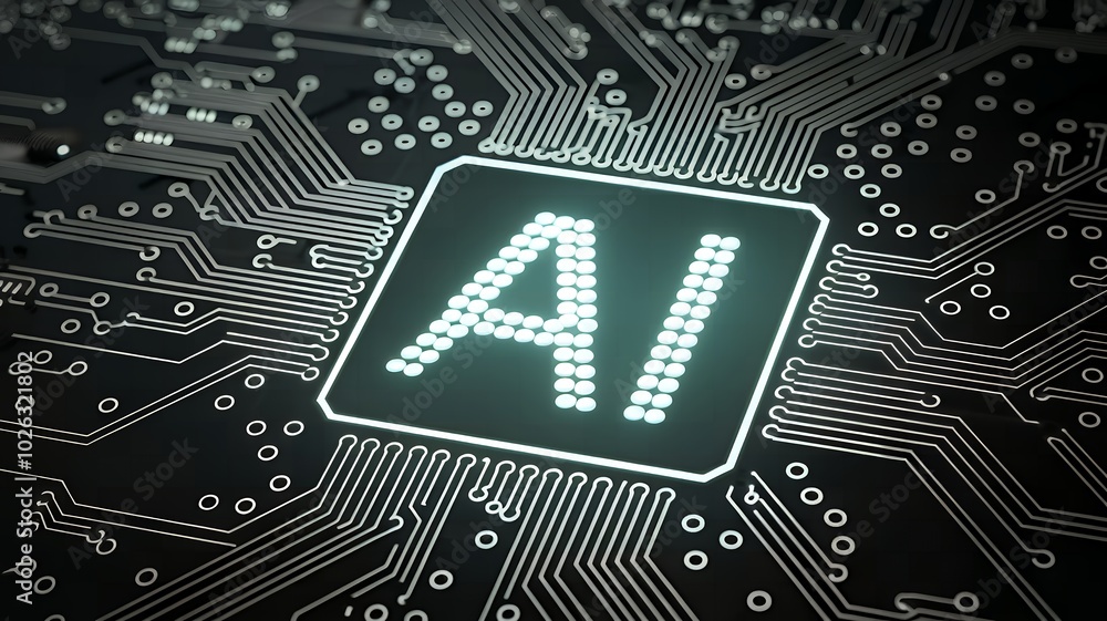 Aufkleber glowing ai chip and thin circuits on tech background futuristic semiconductor tech onboard