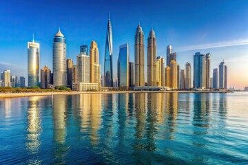 Panoramic view of gleaming skyscrapers along the Dubai coastline