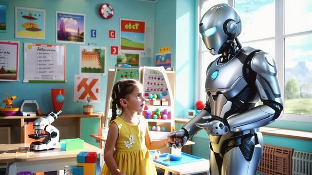 Robot hold the hand of a young girl in classroom