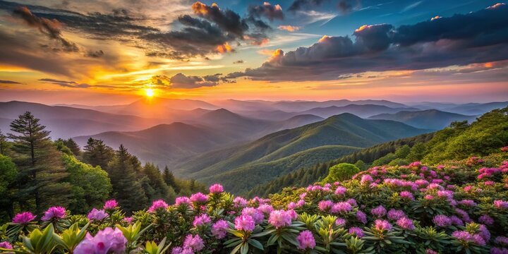 Mountains with sunset over spring rhododendron flowers