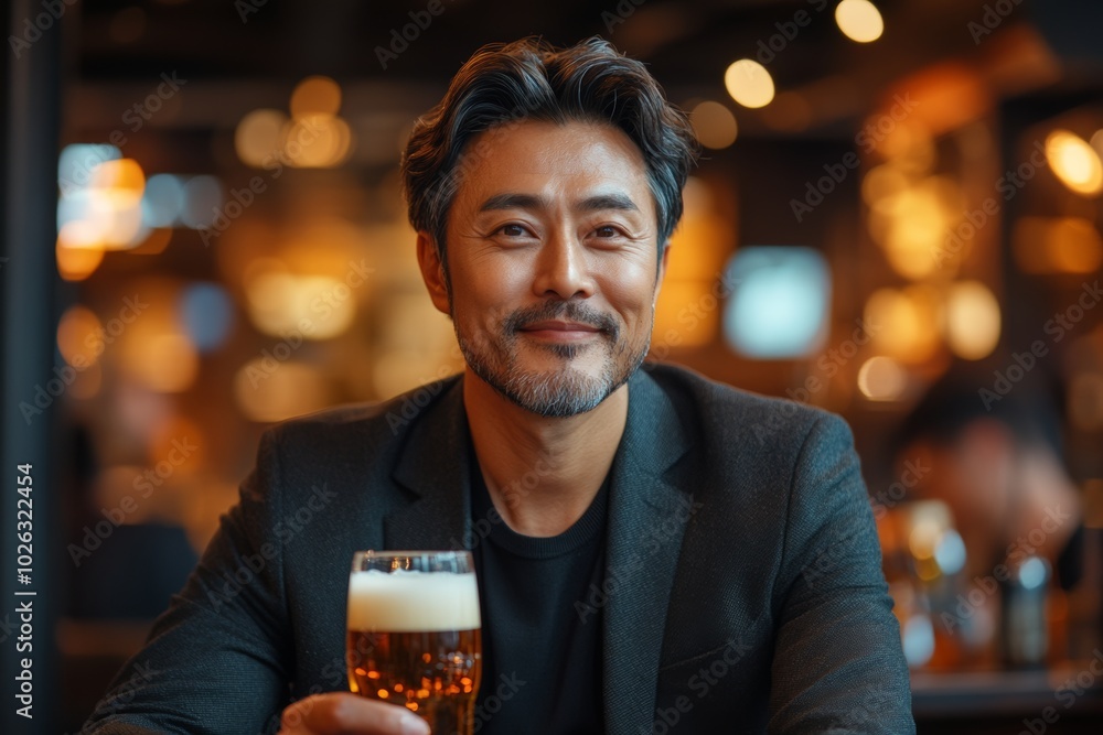 Poster man in a suit is smiling and holding a glass of beer. concept of relaxation and enjoyment, as the ma