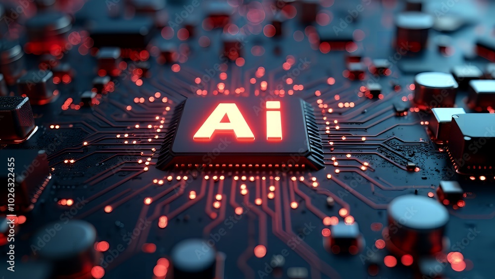 Aufkleber futuristic neon ai chip with thin circuit lines on abstract tech background semiconductor onboard