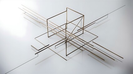 Obraz premium Minimalist elegance - lines, squares, triangles converge on white. Geometry essence showcased in serene harmony. Harmonizing essential shapes on a pristine backdrop