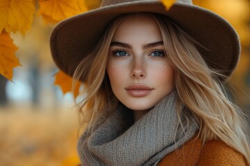 Woman wearing a knit scarf and a hat with a blue eye shadow. fashionable woman in an autumn setting. She is wearing a stylish fall outfit, a warm wool coat, a cozy scarf, and subtle autumn accessories