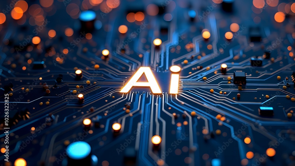 Poster futuristic neon ai chip with thin circuit lines on abstract tech background semiconductor onboard