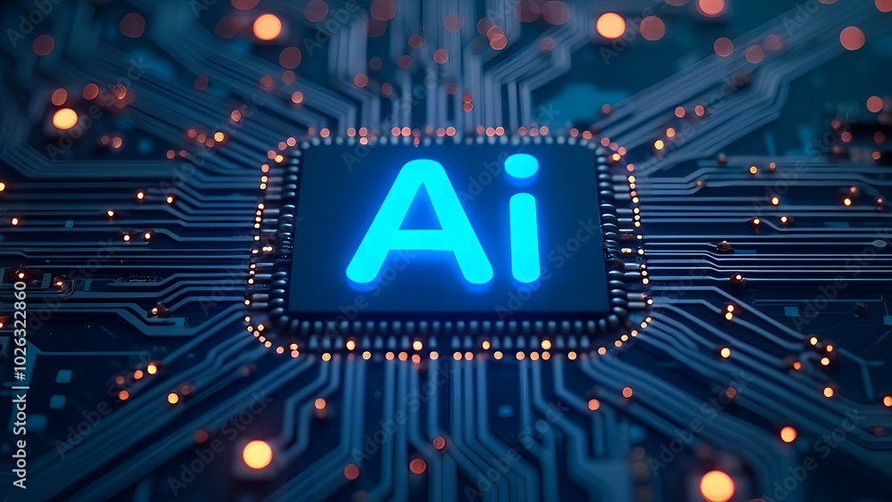 Aufkleber futuristic neon ai chip with thin circuit lines on abstract tech background semiconductor onboard