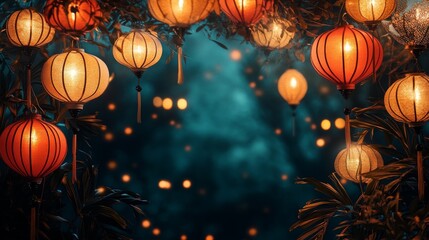 Illuminated Lanterns Hanging in Foliage Against a Dark Blue Sky