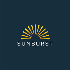 Sun logo. Sunburst logo. Sunburst with yellow line on dark background. Logo design template element for nature and vacation. Vector illustration