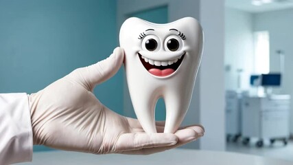 doctor's hand in glove holds cute funny happy cartoon tooth character in clinic