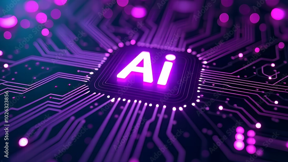 Aufkleber ai chip with glowing neon light and thin circuits on abstract tech background featuring semiconducto