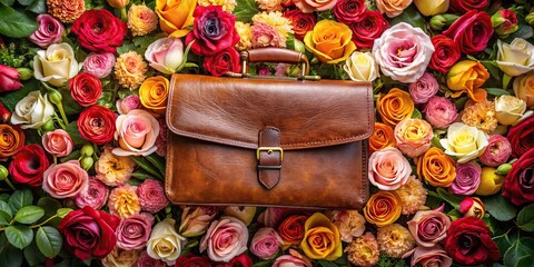 multi colored brown leather briefcase with roses among the many flowers aerial view