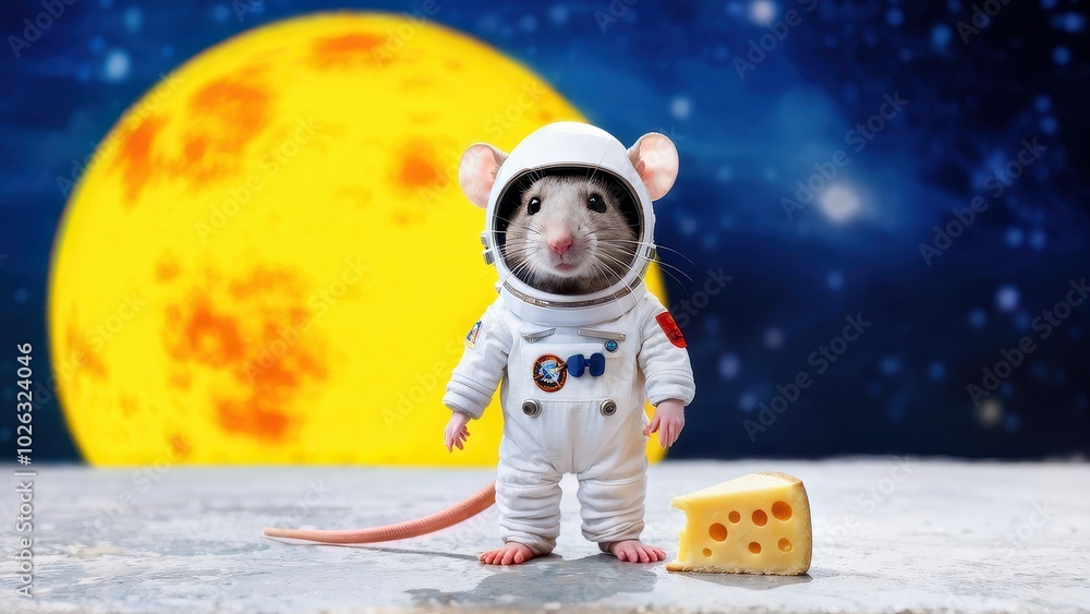 Poster a mouse in a spacesuit stands on the moon next to a piece of cheese.