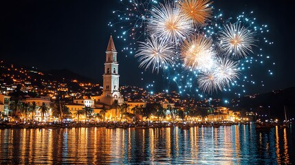 Naklejka premium Spectacular fireworks display with synchronized bursts and colors over a large city