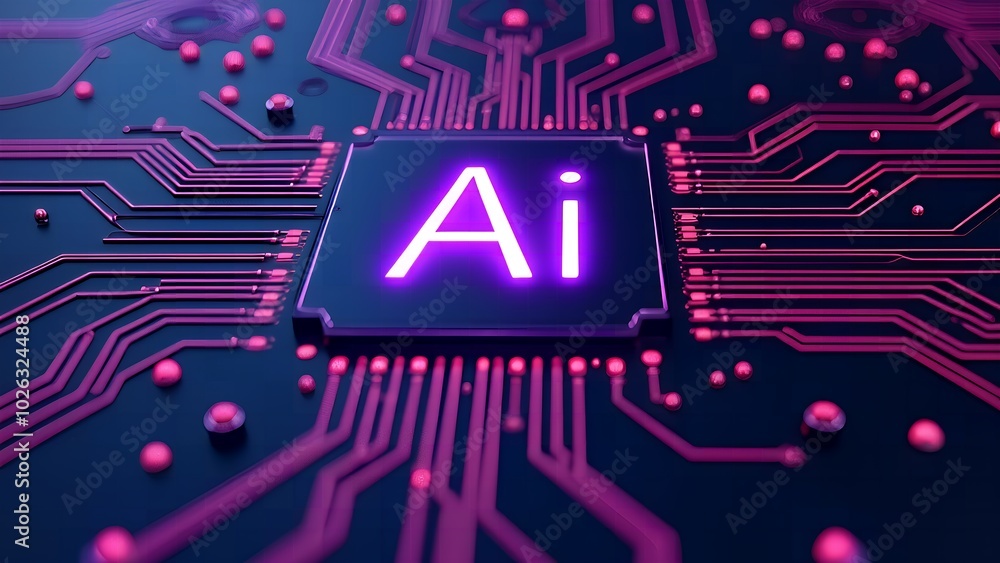 Aufkleber ai chip with glowing neon light and thin circuits on abstract tech background featuring semiconducto