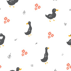 Cute Cartoon Duck Seamless Pattern, Vector Illustration Background