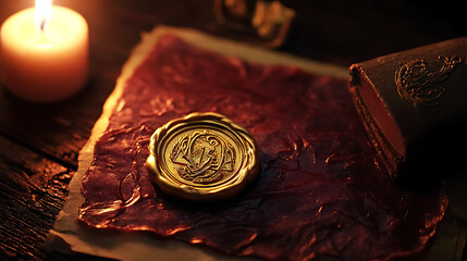 Ornate gold wax seal against deep burgundy parchment Bright, intricate embossed design, soft candlelight. AI generate high resolution image