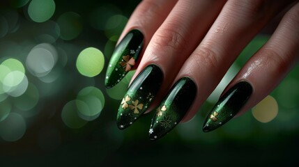 Close-up of dark green manicure with shamrock patterns and glitter accents. Macro shot of nail art design for St. Patrick's Day and fashion concept.