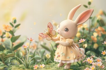 Fototapeta premium Whimsical bunny with butterfly in spring garden