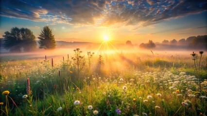 Photograph of the sun shining through fog in field of grass and wildflowers