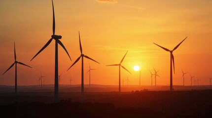 Stunning Wind Turbines Silhouetted Against a Sunset in a Countryside Landscape | Renewable Energy and Clean Power Generation