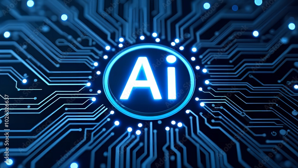 Aufkleber neon glowing ai chip with thin circuit lines and semiconductor on futuristic tech background