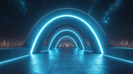 Futuristic Neon Archway Leading to a Cityscape Under a Starry Sky