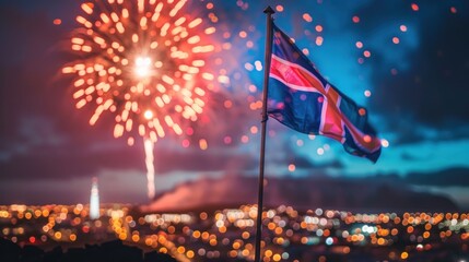 Icelandic flag waving during vibrant fireworks display over cityscape at night. Iceland Independence Day