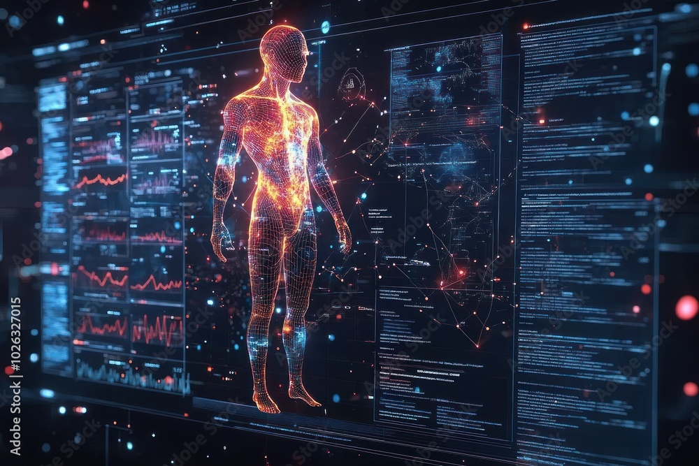 Poster digital human body scan with glowing lines and data in futuristic background.
