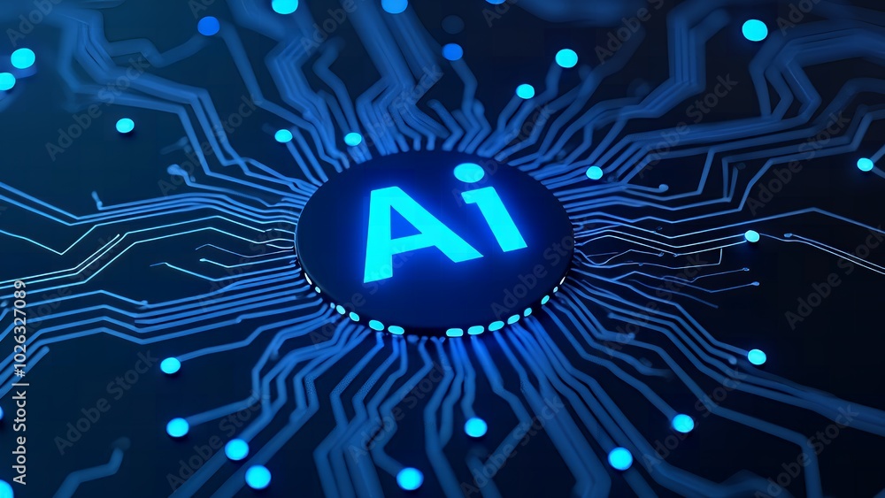 Aufkleber neon glowing ai chip with thin circuit lines and semiconductor on futuristic tech background